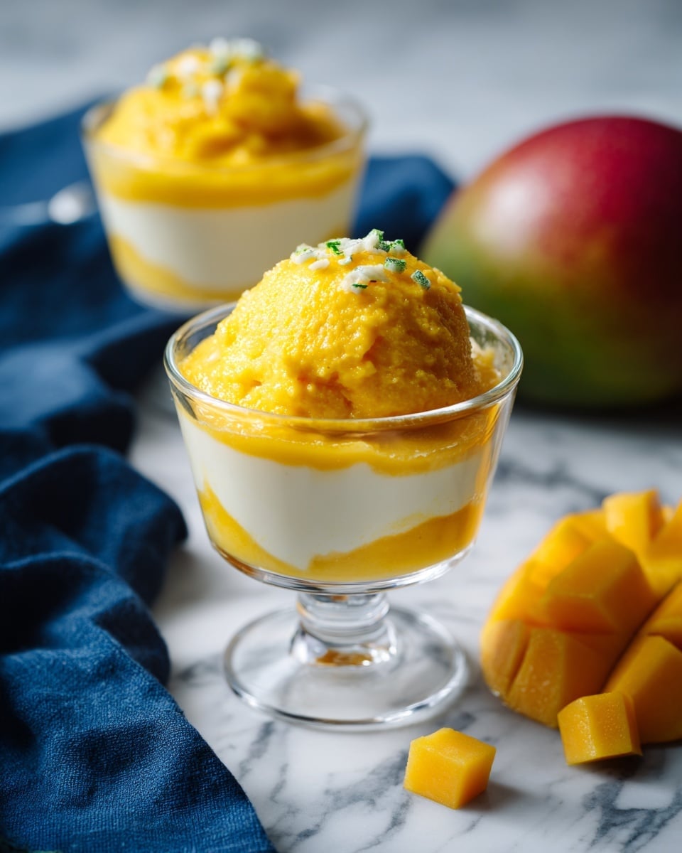 A clear glass cup holds a single scoop of bright yellow mango sorbet with a slightly rough texture, sprinkled with tiny green zest on top. The cup is placed on a white marbled surface with some mango cubes nearby and a whole mango blurred in the background. Another similar glass cup with the sorbet and a metal spoon is also softly visible behind the first cup. A dark blue cloth is in the bottom left corner of the image. Photo taken with an iphone --ar 4:5 --v 7