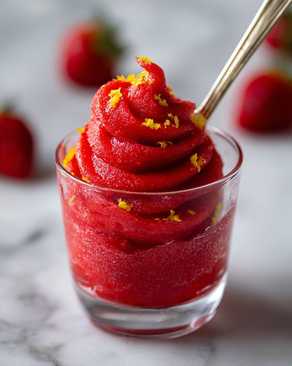 A clear glass cup holds two layers of bright red sorbet with a smooth, slightly grainy texture. The sorbet is piled high in swirling mounds, with small bits of yellow zest sprinkled over the top, adding contrast. A silver spoon is digging into the top layer, lifting some sorbet. The cup sits on a white marbled surface, with a blurred red bowl of more sorbet and some strawberries visible in the background. Photo taken with an iphone --ar 4:5 --v 7
