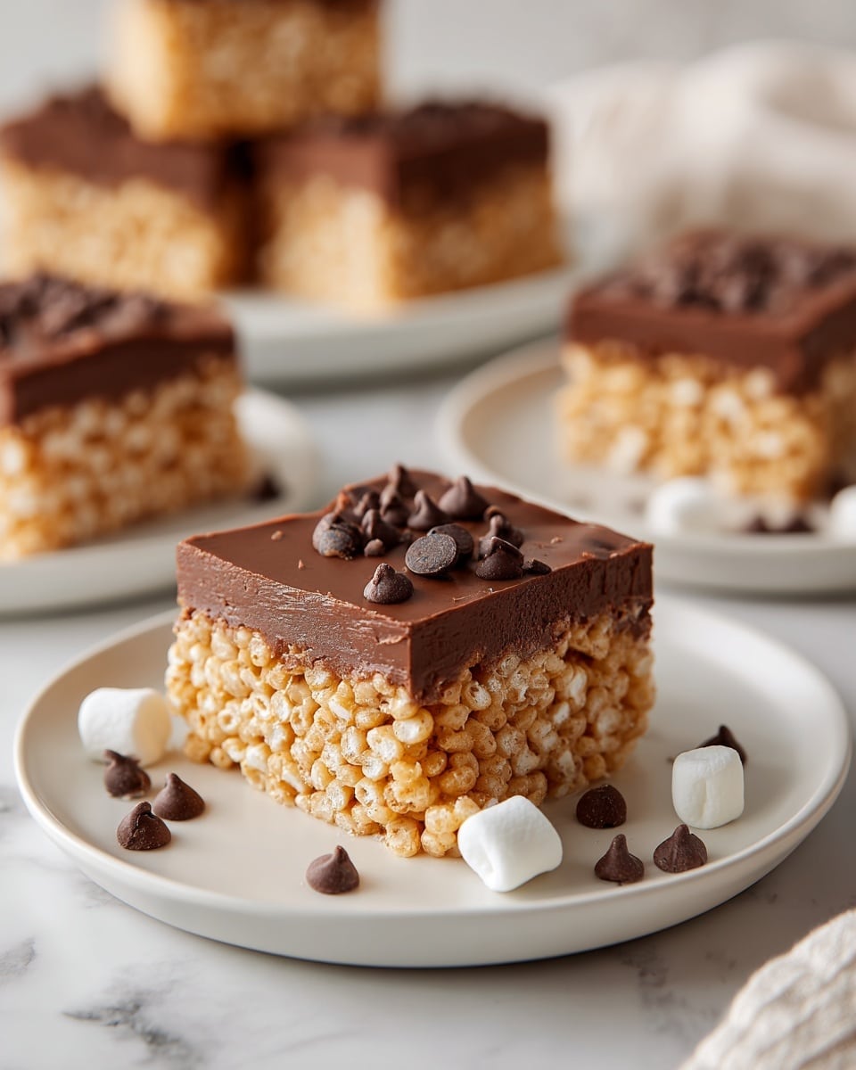 A square rice crispy treat bar sits on a white plate with a layer of light golden, crunchy rice cereal mixed with small white marshmallows at the bottom, and a thick, smooth layer of shiny chocolate spread evenly on top with faint swirls. The plate is on a white marbled surface, scattered with small white marshmallows and dark chocolate chips nearby. In the background, two more bars rest on a white plate, slightly out of focus. The colors are warm and inviting with a contrast between the light bottom layer and the dark chocolate top layer. Photo taken with an iphone --ar 4:5 --v 7