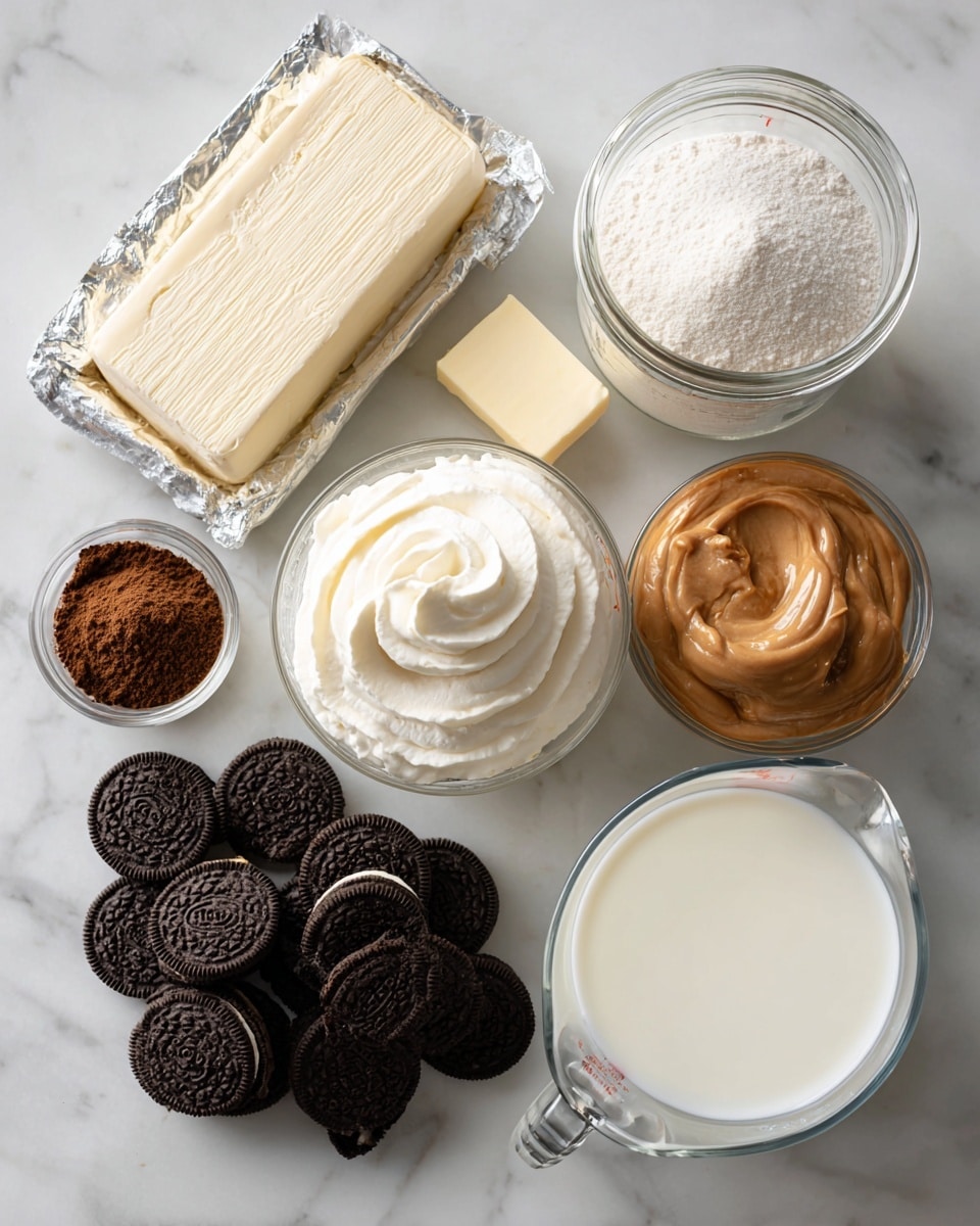 The image shows ingredients arranged neatly on a white marbled surface. There is a rectangular block of cream cheese on foil near the center top, a small stick of butter with measurement marks near the top left, and a glass bowl filled with smooth white whipped cream at the bottom left. To the right of the cream cheese, there is a jar full of powdered sugar. A glass measuring cup filled with milk is at the bottom right. In the middle, there is a measuring cup filled with peanut butter and a pile of black sandwich cookies closely placed below it. Two paper packets with cocoa powder sit at the top left corner. All items are laid out clearly and evenly spaced. Photo taken with an iphone --ar 4:5 --v 7