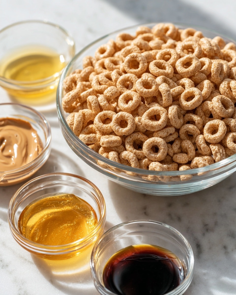 A clear glass bowl filled with a large amount of small, round, light brown cereal rings sits on a white marbled surface. Next to it are three small clear glass bowls arranged in a close group: one contains smooth light brown peanut butter, another holds golden yellow honey with a shiny surface, and the smallest bowl has dark brown soy sauce. The lighting is soft and natural, showing the textures and colors clearly. Photo taken with an iphone --ar 4:5 --v 7