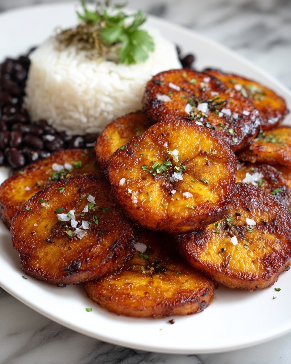 The image shows a close-up of several thick slices of golden brown fried plantains with a slightly crispy texture, sprinkled with coarse salt and small green herb pieces. The plantains are arranged on a white plate in a slightly overlapping manner. Behind the plantains, there is a portion of white rice with some black beans on top, and a small garnish of green herbs. The plate is set on a white marbled surface, and the photo has a sharp focus on the food with a soft blurred background, photo taken with an iphone --ar 4:5 --v 7