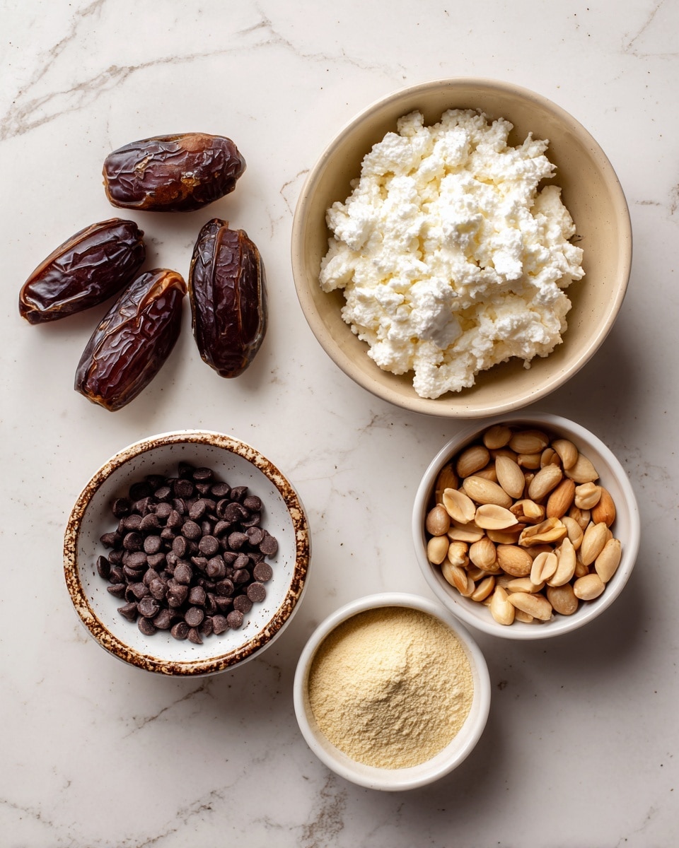 The image shows five ingredients each placed separately on a white marbled surface. At the top right, there is a beige bowl filled with soft, white cottage cheese with a slightly lumpy texture. To the left of the bowl, there are four dark brown, wrinkled dates laid directly on the surface. Below the dates, a white bowl with a speckled brown edge is filled with small, round, dark chocolate chips. To the right of this bowl, a small white bowl holds a pale yellow powder labeled protein powder. At the bottom right, there is another beige bowl filled with a mix of light brown peanuts, some whole and some split. The photo taken with an iphone --ar 4:5 --v 7