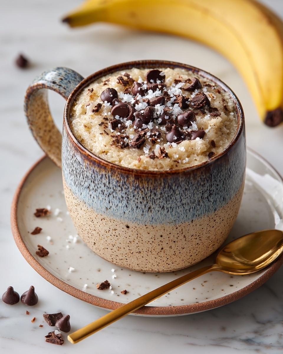 A close-up view of a mug cake with two main layers: a light beige, fluffy cake base filling the mug, topped with large, shiny, dark brown chocolate chips scattered unevenly across the surface, some melting slightly into the cake. The mug itself is earthy brown with a blue-green handle, sitting on a white marbled surface. In the background, blurred, are more dark chocolate chips in a bowl and a bunch of ripe bananas with yellow peel and some brown spots. Photo taken with an iphone --ar 4:5 --v 7