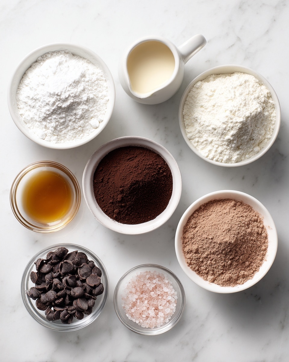 Several small white bowls and clear glass bowls are arranged on a white marbled surface, each containing different baking ingredients. Starting from the top left and moving clockwise, the first clear bowl holds a white powder, likely baking powder or baking soda. Next to it, a white jug contains a creamy beige liquid. Below that, a small white bowl is filled with dark brown cocoa powder. To the bottom right, another white bowl holds small dark chocolate chips. Below the chips, a clear bowl shows a golden syrup or honey. Above that, a larger white bowl is filled with light brown cocoa or chocolate powder, and next to it, a medium white bowl contains white flour. Finally, a small clear bowl has a mix of white and pink salt. The image is bright and clean with all items neatly spaced. photo taken with an iphone --ar 4:5 --v 7