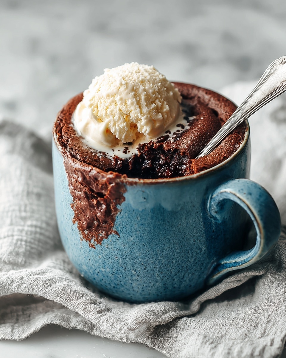 A light blue ceramic mug with a textured glaze, filled with a warm chocolate dessert showing a cracked, soft brown top layer with some melted chocolate visible inside; on one side of the mug sits a scoop of melting white ice cream with a creamy texture dripping slightly over the edge; a silver spoon rests inside the mug, leaning against the rim, with the tip submerged in the dessert; the mug is placed on a thick, folded gray textured cloth on a white marbled surface. photo taken with an iphone --ar 4:5 --v 7