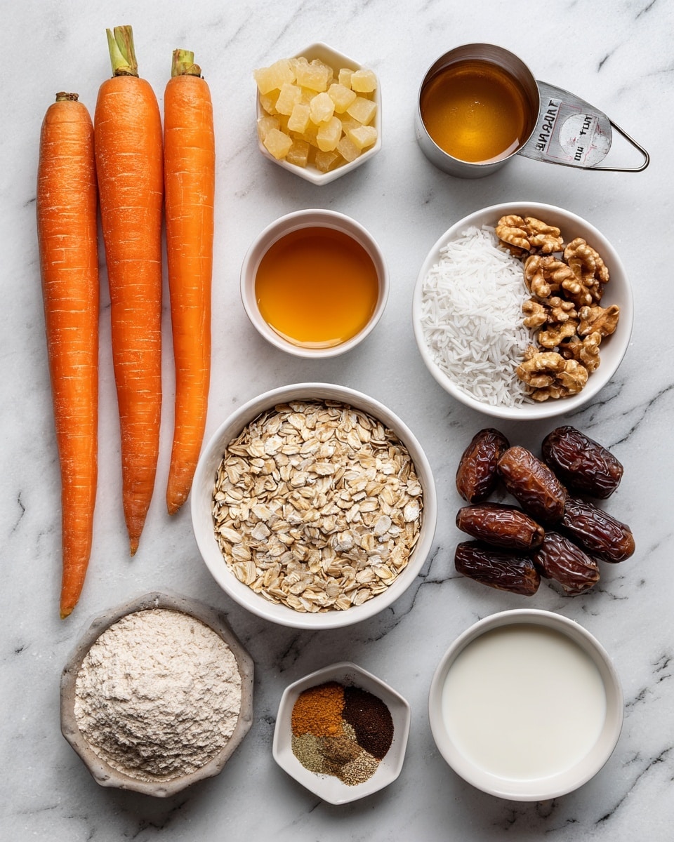 A flat lay of baking ingredients arranged on a white marbled texture showing two whole orange carrots on the bottom left, a white bowl filled with light brown rolled oats in the center, a white bowl with a mix of light brown walnut halves and white shredded coconut on the bottom right, a white bowl of dark brown dates on the top right, a small white bowl with light brown liquid near the top center, a metal measuring cup of light beige dried pineapple pieces on the top left, a metal measuring cup with white flour near the top center, a small hexagonal bowl with dark golden honey near the bottom left, a small black bowl with various brown spices and white salt near bottom left, and a small light yellow bowl of white cream near the right side, all neatly placed photo taken with an iphone --ar 4:5 --v 7