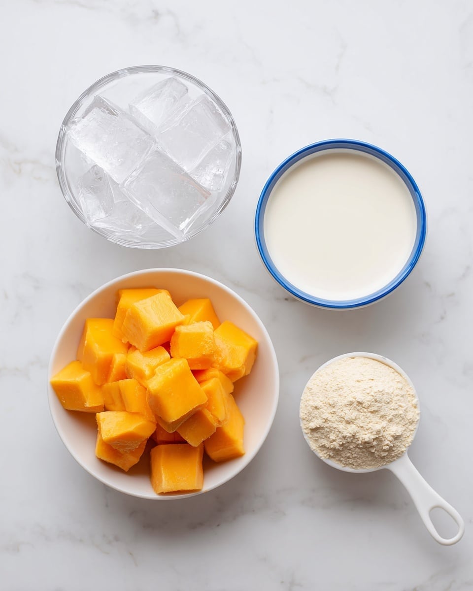 The image shows four ingredients arranged on a white marbled surface: a clear container filled with ice cubes at the top left, a white bowl with a blue rim containing milk at the top right, a white bowl in the center filled with bright orange frozen mango chunks, and a white scoop holding vanilla whey protein powder at the bottom right. The colors are clear white for ice, creamy white for milk, vibrant orange for mango, and light beige for the protein powder, all neatly placed for a clean and simple look. Photo taken with an iphone --ar 4:5 --v 7