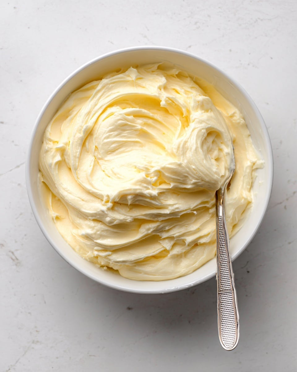 A close-up top view of a bowl filled with a thick, creamy, pale yellow mixture that has a smooth and fluffy texture with soft peaks and swirls. The white bowl with a gray speckled rim holds the mixture, and a rose gold spoon with small round indentations rests partially submerged on the right side. The background is a white marbled surface, which contrasts softly with the creamy color of the mixture. photo taken with an iphone --ar 4:5 --v 7