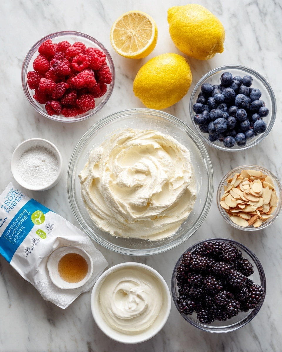 The image shows several clear glass bowls and a white bowl arranged on a white marbled surface. In the center is a large glass bowl filled with creamy white ricotta cheese that looks soft and smooth. Around it are smaller clear glass bowls with bright red raspberries, dark purple blackberries, and deep blue blueberries, each fruit appearing fresh and plump. There is a small glass bowl filled with light brown vanilla liquid and another white bowl with light tan sliced almonds, showing a mix of smooth and textured layers. A small clear glass bowl contains thick white heavy cream, and another has finely powdered white sweetener. A bright yellow lemon sits near the top, adding a pop of color. A white bag with blue and green writing labeled as powdered sugar replacement is partly visible to the side. The overall look is clean and fresh with soft textures and vivid colors. Photo taken with an iphone --ar 4:5 --v 7