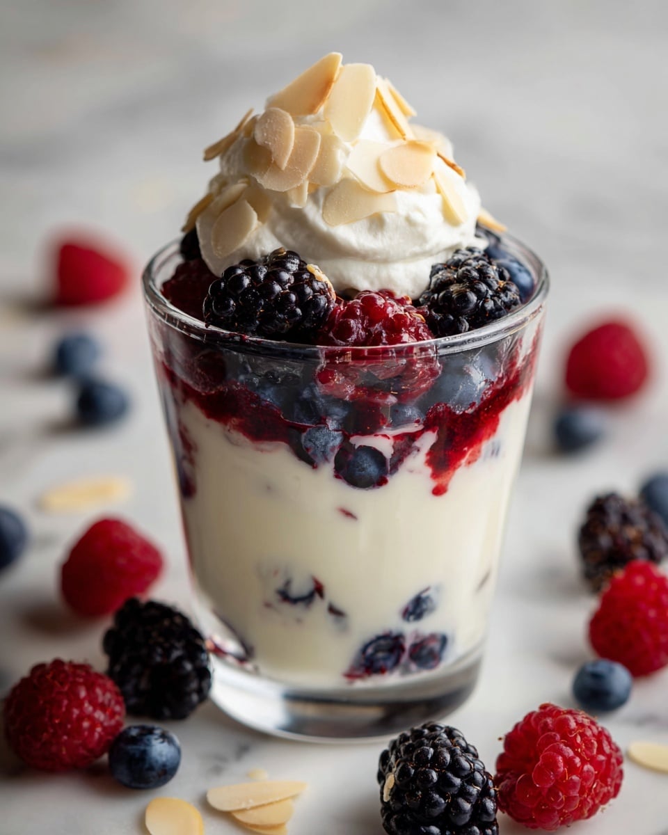 The image shows a clear glass dessert cup on a short pedestal, filled with three layers. The bottom layer is creamy white yogurt mixed with visible blueberries and raspberries inside. The middle layer continues as smooth white yogurt with a few berries peeking through. The top layer is a mix of fresh blueberries, raspberries, blackberries, and a small dollop of white cream topped with thin, light brown almond slices. The cup is placed on a white marbled surface with extra berries scattered around, creating a fresh and colorful look. Photo taken with an iphone --ar 4:5 --v 7