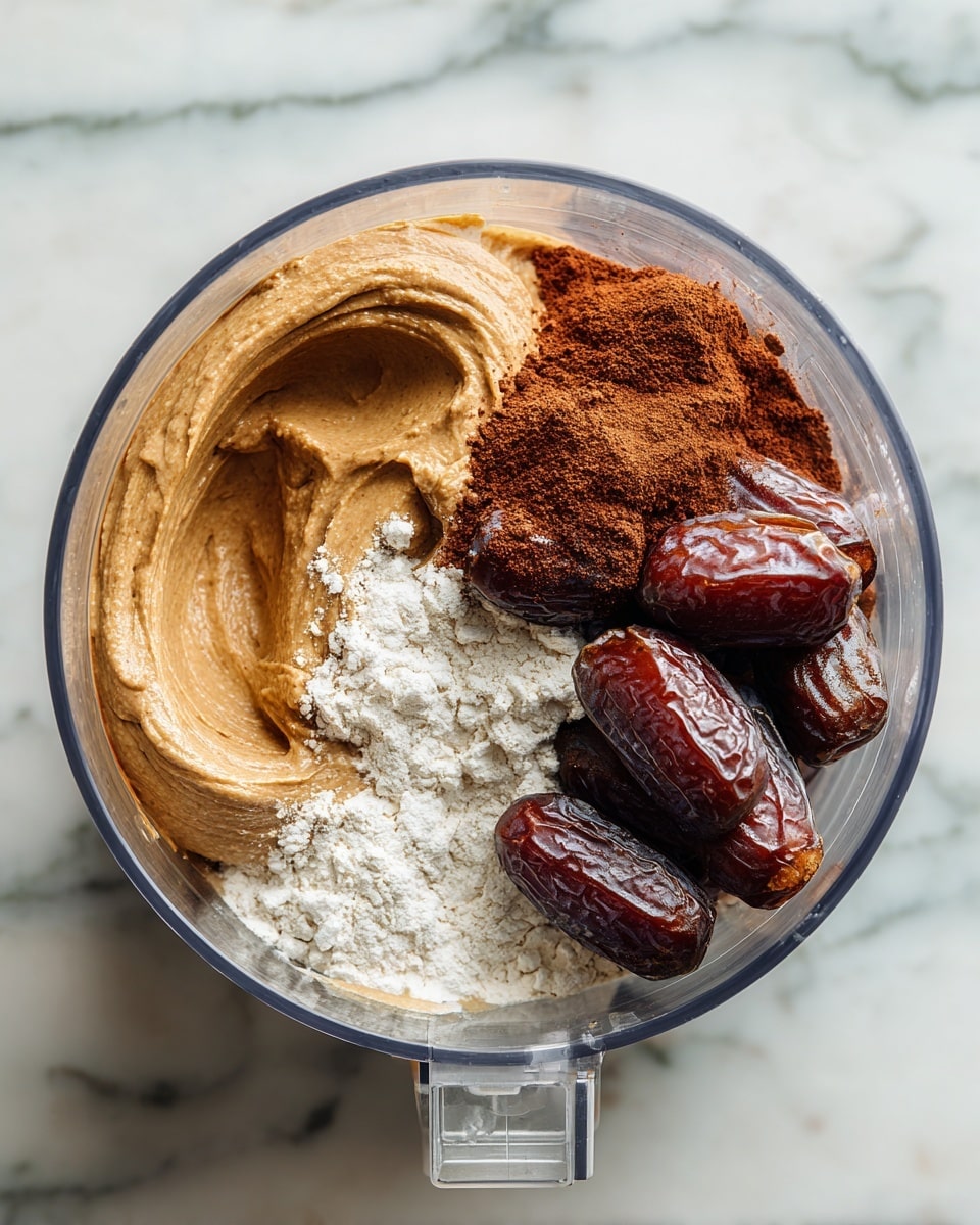 A clear food processor bowl shows three main layers inside: on the left, a smooth, light brown almond butter spread forms a thick base; on the right, a pile of whole, dark brown dates with slightly wrinkled skin adds texture; underneath and partly visible are white flour and cinnamon powder, layered side by side, creating contrast with their fine, powdery texture. The bowl is set on a white marbled surface. photo taken with an iphone --ar 4:5 --v 7