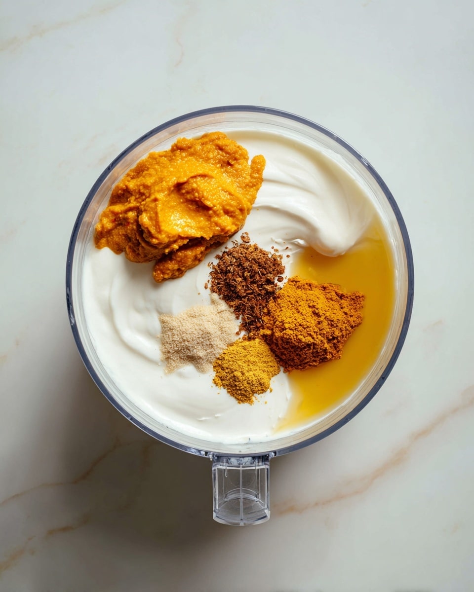 Pumpkin Spice Cottage Cheese Spread Recipe 4 A clear round food processor bowl filled with a smooth white base layer of yogurt or cream, topped with a thick dollop of bright orange puree on the left side, beside two small piles of ground spices in brown and yellow tones, and a pool of golden liquid on the right. The bowl has a transparent handle at the bottom, all placed on a white marbled surface. photo taken with an iphone --ar 4:5 --v 7