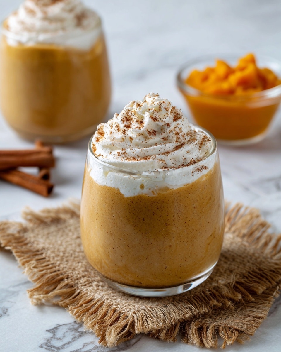 A creamy light brown drink fills a clear glass, topped with a tall, fluffy swirl of white whipped cream sprinkled with small brown spices. The glass sits on rough tan woven fabric with slightly frayed edges, and there are cinnamon sticks and a small bowl of bright orange powder blurred in the background against a white marbled surface. Another glass with the same drink and whipped cream is partially visible behind the first glass. Photo taken with an iphone --ar 4:5 --v 7