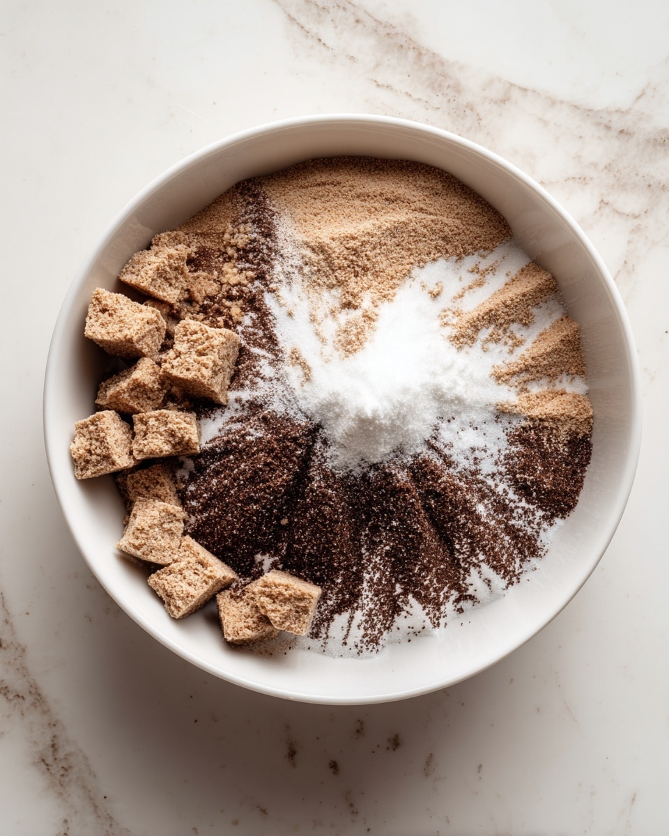The image shows a white bowl on a white marbled surface, filled with several layers of dry ingredients. At the base and around the sides are chunky beige pieces that look crumbly and rough. On top of and partially covering these chunks are a few layers of fine powders: one dark brown layer spread over much of the bowl, with a lighter brown powder sprinkled in spots. In the center, there is a small mound of bright white powder standing out against the browns. The texture of the powders appears soft and smooth, contrasting with the chunkier pieces beneath. photo taken with an iphone --ar 4:5 --v 7