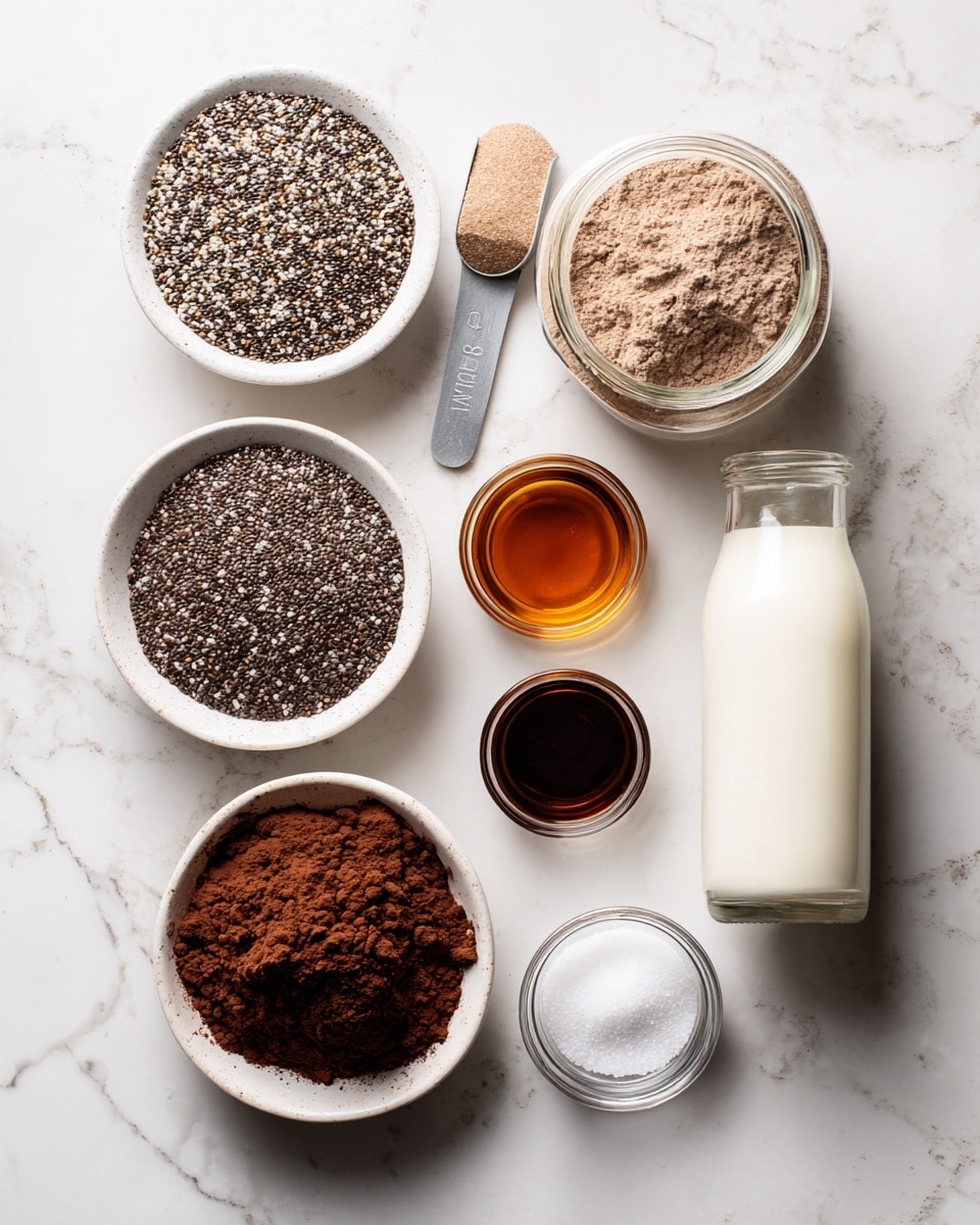 The image shows six different ingredients arranged on a white marbled surface. In the top left, there's a white bowl filled with mixed chia seeds in shades of black, white, and brown. To the right of the bowl, there is a clear plastic scoop with light brown chocolate protein powder next to a large jar filled with the same powder. Below the chia seeds bowl, there is a white bowl filled with smooth, dark brown cocoa powder. On the right side, a clear glass holds a white liquid labeled milk of choice. Below, a clear bottle filled with a deep amber liquid stands next to a small clear bowl with dark vanilla extract and a small white bowl filled with white sea salt, both positioned side by side. All items are clearly labeled with black text on white rectangles beneath them. photo taken with an iphone --ar 4:5 --v 7