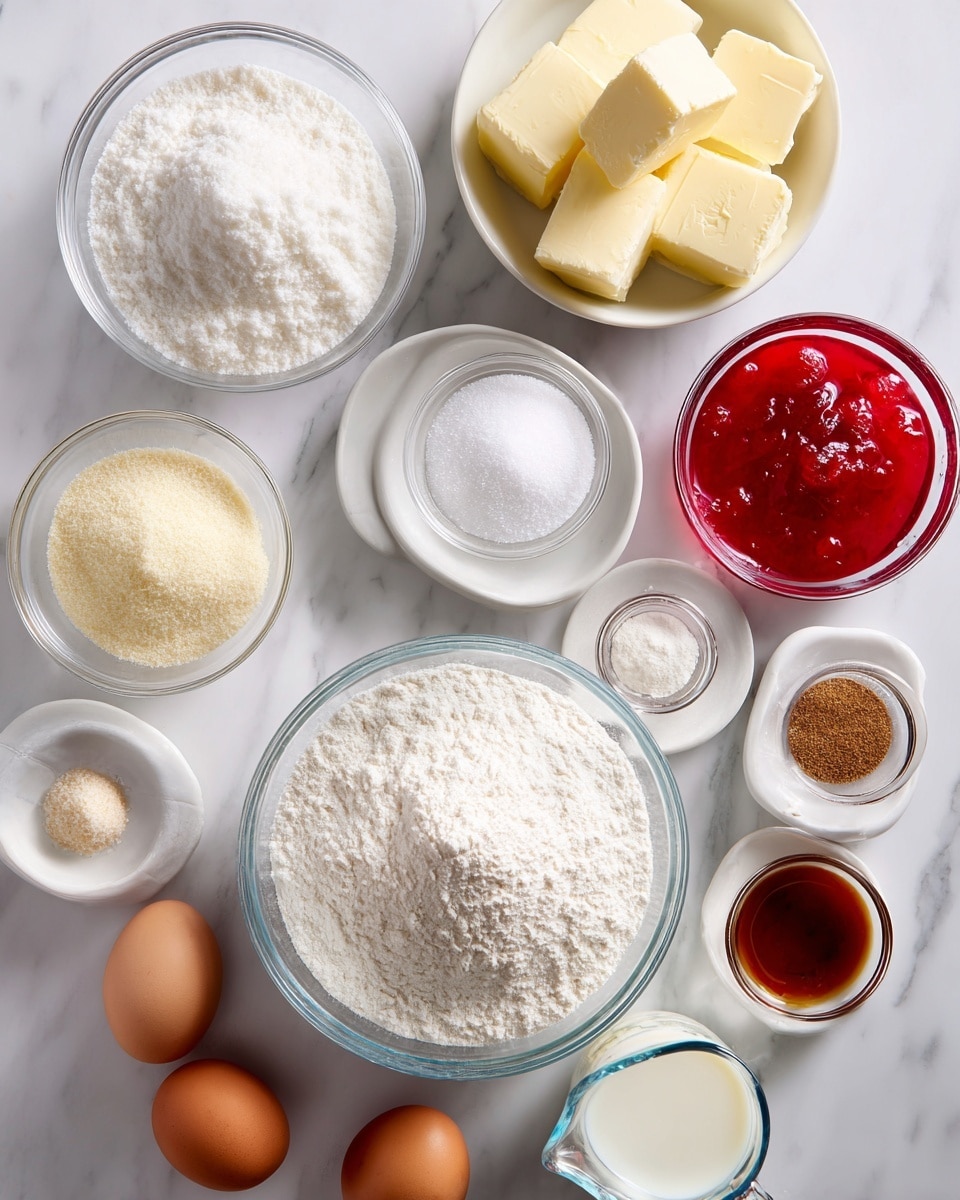 A top view of ingredients arranged on a white marbled surface, featuring a large clear glass bowl in the center filled with white all-purpose flour, surrounded by smaller white bowls each holding a different ingredient: granulated white sugar, light tan active dry yeast, fine white salt, and a pinch of brown nutmeg. There is a clear glass bowl with two chunks of pale yellow butter at the top, a small clear glass container of bright red strawberry jelly near the bottom, a small bowl with two whole raw eggs and an egg yolk, a small bowl of light brown vanilla extract, and a clear glass measuring cup filled with white milk. The image has a bright, clean look with soft natural light. Photo taken with an iphone --ar 4:5 --v 7