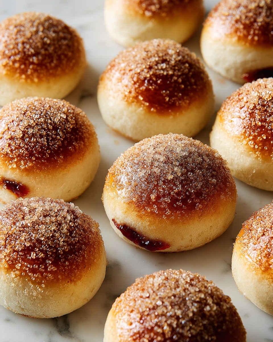 Several small, oval-shaped buns are placed directly on a white marbled surface. Each bun has a smooth, light golden-brown top covered with a thick layer of coarse sugar crystals, which adds a rough texture. The buns have soft, slightly rounded edges with hints of a red filling peeking out from the sides. The arrangement is close, showing the buns touching or nearly touching each other. photo taken with an iphone --ar 4:5 --v 7