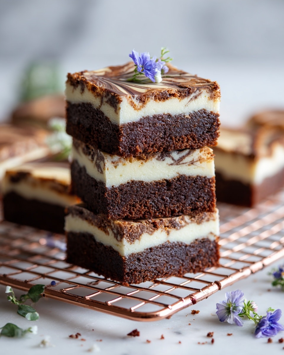 The image shows three stacked square brownies with a swirled pattern on top, placed on a round copper wire cooling rack. Each brownie has three visible layers: a dark chocolate base layer, a middle white cream layer, and a top marbled layer of light and dark brown swirls. The background is a white marbled surface with a few small blue flowers and green leaves scattered around. There is a small crumb near the bottom right corner. Photo taken with an iphone --ar 4:5 --v 7