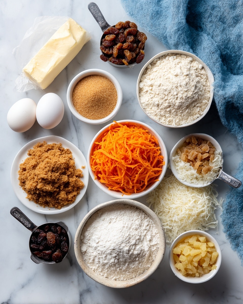 The image shows an arrangement of baking ingredients on a white marbled surface. There are small white bowls and metal measuring cups filled with light brown sugar, shredded orange carrots, white flour, shredded coconut, crushed pineapple, and raisins. A stick of butter wrapped in paper and two white eggs are also visible. The ingredients are placed in a neat, organized way, with the bright orange carrots and shredded coconut standing out in color, surrounded by neutral tones of brown, white, and yellow. A soft blue cloth is draped casually in the top right corner. Photo taken with an iphone --ar 4:5 --v 7