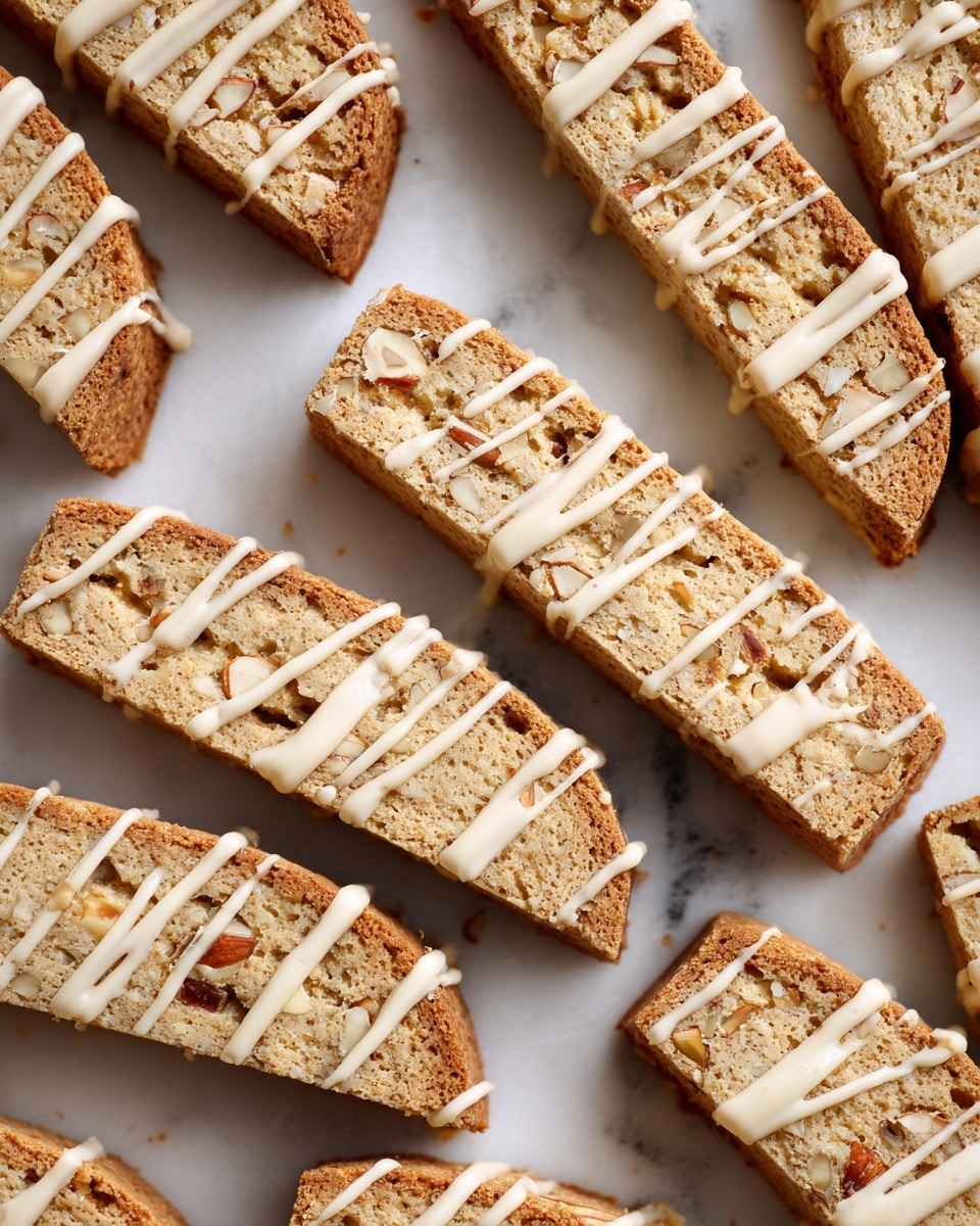 Several long, thin biscotti pieces are scattered on a white marbled surface. Each biscotti is light brown with small bits of nuts or fruit visible within. They are all drizzled with thin lines of glossy white icing that runs diagonally across each treat. The texture of the biscotti looks crumbly and firm. Photo taken with an iphone --ar 4:5 --v 7