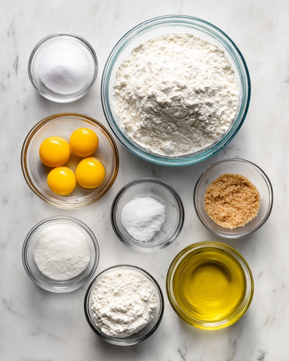 The image shows nine glass bowls arranged on a white marbled surface. At the top center is a large bowl filled with white flour. Surrounding it are smaller bowls: to the left, a small bowl with white sugar; below that, a bowl with three raw yellow egg yolks; at the bottom center, a bowl with a white powder such as baking powder; below and slightly to the left, a bowl with some white salt; in the middle center, a bowl with a brownish wet mixture; to the right of that, a bowl with light brown granules; and at the bottom right, a bowl filled with yellow cooking oil. A woman's hand is not visible in this image. The bowls are clear glass and placed evenly on the white marbled surface. photo taken with an iphone --ar 4:5 --v 7