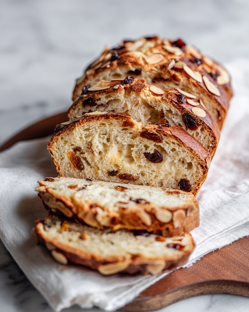 The image shows a loaf of light brown bread with dark raisins inside, several slices cut and laid out on a white cloth over a wooden board. The top of the bread is covered with thin, toasted almond slices that are golden brown and scattered generously. The bread's inside looks soft and slightly crumbly, with raisins spread evenly. The scene is set on a white marbled surface. photo taken with an iphone --ar 4:5 --v 7