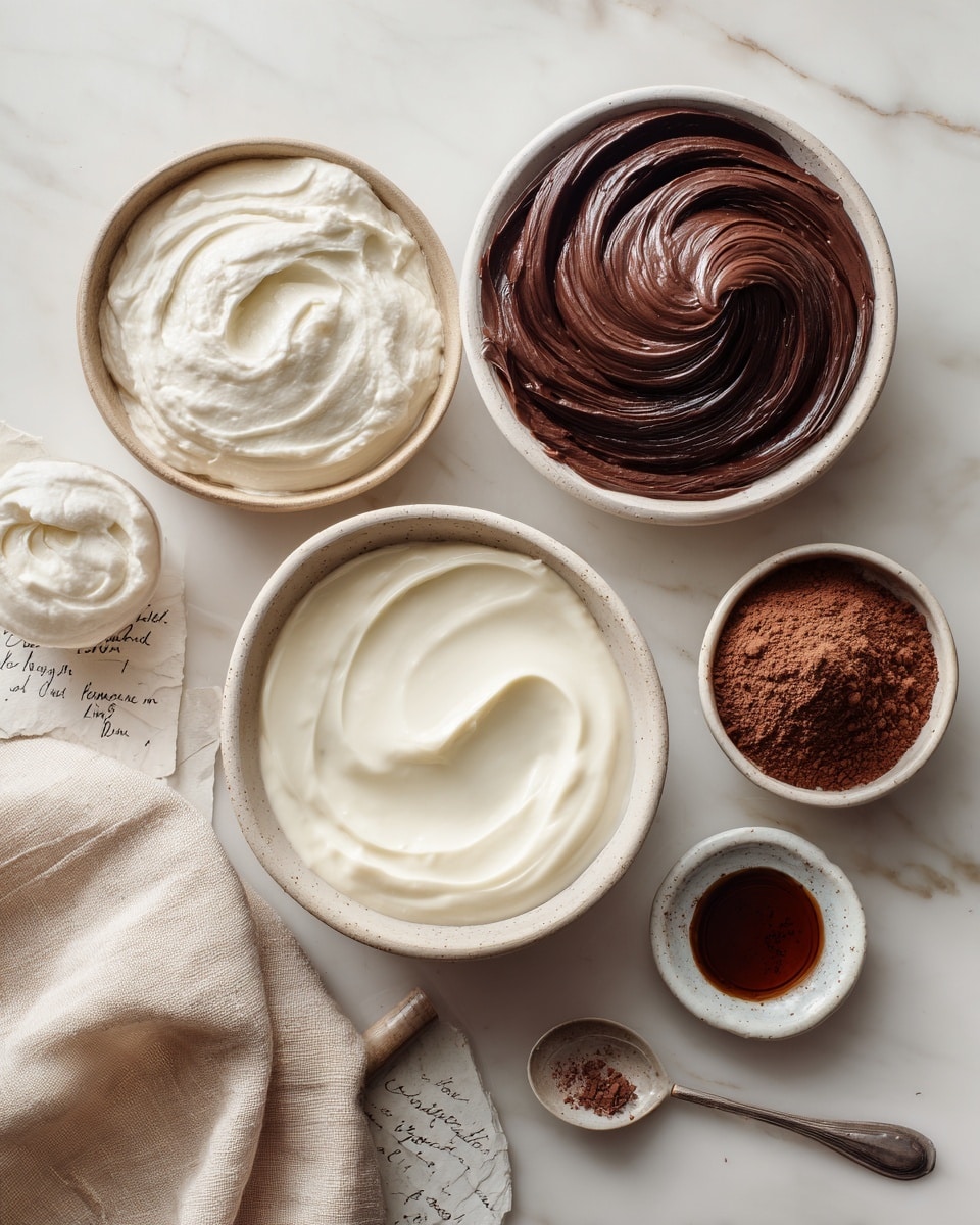 The image shows a collection of five ceramic bowls placed on a white marbled surface with a handwritten paper and a beige cloth beside them. The largest bowl in the center holds a smooth, creamy white liquid. To its left, a smaller bowl contains thick white cream with a swirled texture. Above this is another bowl filled with glossy, swirled dark chocolate spread. Toward the top right, a small bowl is filled with fine brown cocoa powder. Next to it, on the far right, there is a small bowl with a dark brown liquid. Below that bowl, a tiny white ceramic plate holds a spoon with a small amount of light powdery substance. photo taken with an iphone --ar 4:5 --v 7
