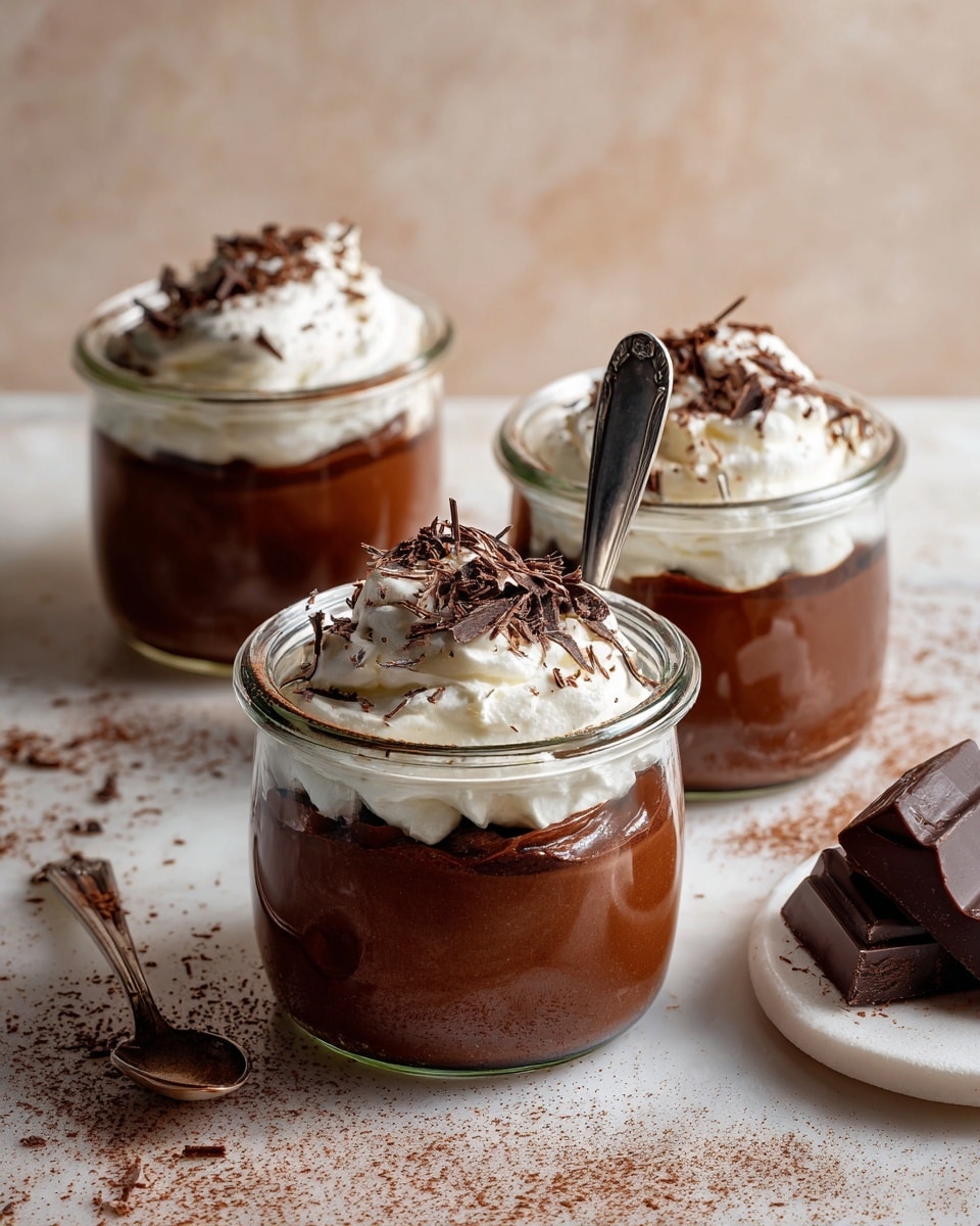 Three clear glass jars hold a dessert with two layers: a thick, smooth dark brown chocolate layer at the bottom and a fluffy, white whipped topping above it. The whipped topping is sprinkled with fine chocolate shavings. In the center jar, a thin spoon sticks upright from the dessert. These jars are placed on a soft brown paper with scattered chocolate powder on a white marbled surface. Nearby is a white plate with two small pieces of chocolate. The background has a soft, creamy beige shade. Photo taken with an iphone --ar 4:5 --v 7