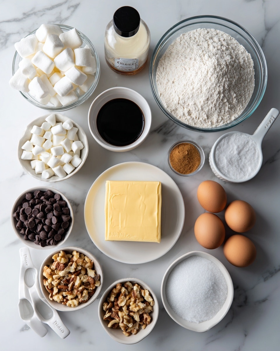 The image shows a white marbled surface with bowls and containers arranged neatly, holding ingredients for baking. There is a large clear glass bowl with white flour, a rectangular block of yellow butter on a white plate, a small bowl of dark chocolate chips, a black bottle of vanilla extract, a small bowl of brown sugar, a bowl filled with white marshmallows, a small bowl of light brown sugar, a bowl of chopped nuts, and a trio of white ceramic measuring cups containing salt and other ingredients. Three brown eggs lie together in the corner. All the bowls are clear glass or white ceramic, and the items are spaced evenly, creating a clean and organized look. Photo taken with an iphone --ar 4:5 --v 7