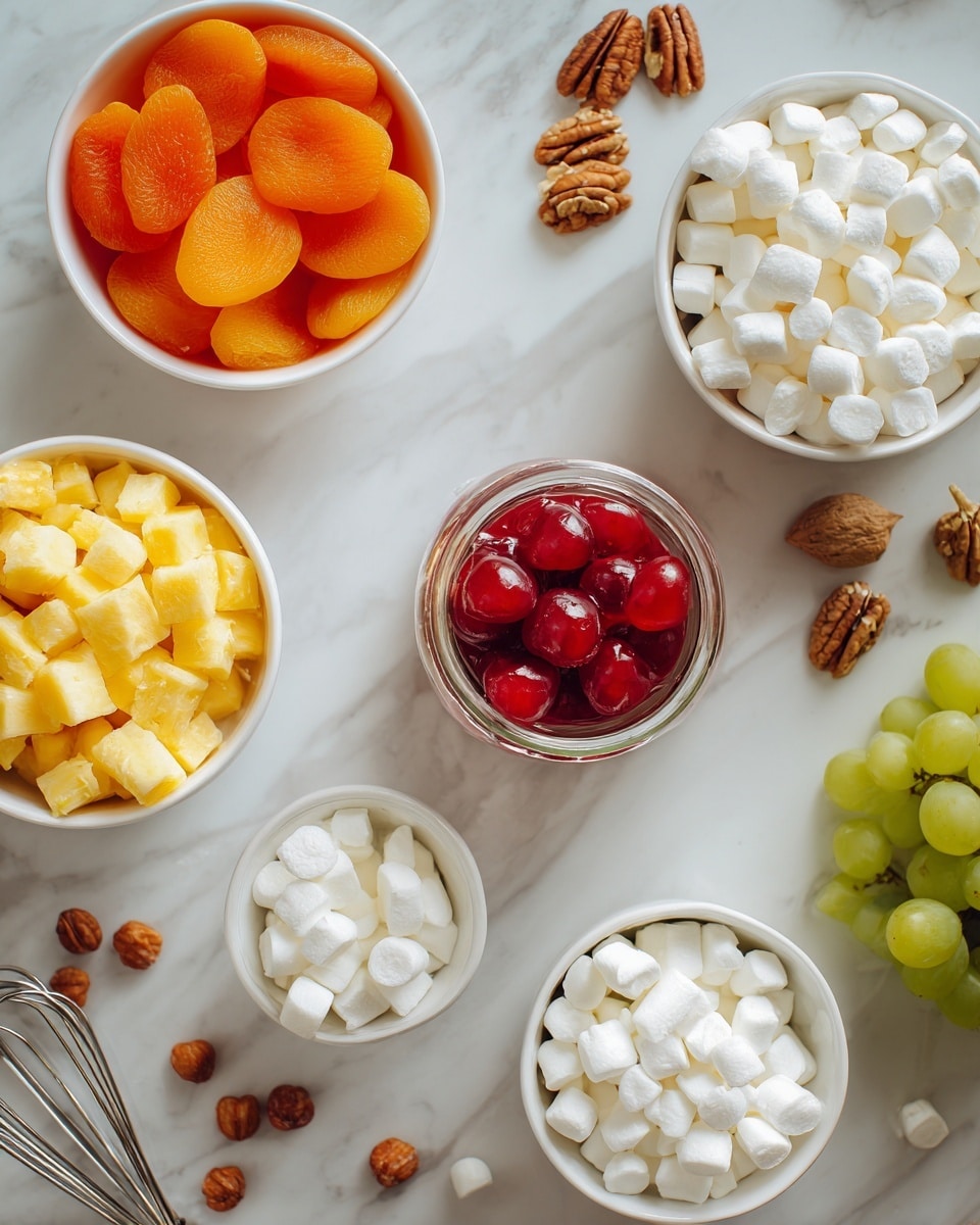 The image shows a white marbled surface with five white bowls arranged in a loose circle. The top left bowl contains pieces of bright orange fruit with a smooth texture, likely apricots. To the bottom left is a bowl filled with small yellow cubes, resembling pineapple chunks. To the bottom right, there are two small bowls, one with white miniature marshmallows and the other with white cottage cheese curds, each sitting on a shiny white surface. Near the center top, there is a small clear red jar filled with bright red maraschino cherries, and a silver whisk lies beside it. Scattered around are green grapes, small brown pecans, and a few small white marshmallows, all on the white marbled background. Photo taken with an iphone --ar 4:5 --v 7