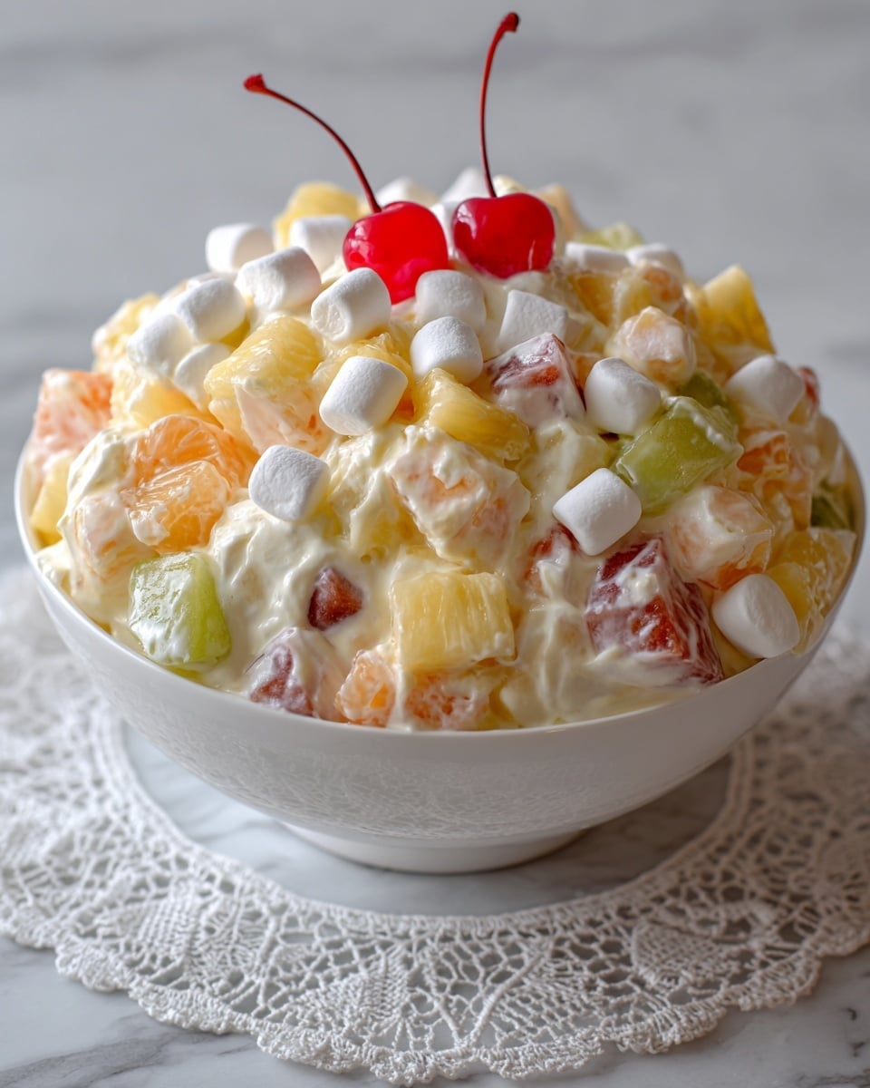 A round white bowl with a dark striped rim holds a creamy fruit salad. The salad is made of several layers: the base layer has white, smooth cream mixed with chunks of light yellow pineapple, soft orange melon, and pale green grapes. Around the top edge of the salad, there are small, round, white marshmallows. On the very top, two bright red cherries with stems sit side by side, adding a pop of color. The bowl is placed on a white lace cloth over a white marbled surface. photo taken with an iphone --ar 4:5 --v 7