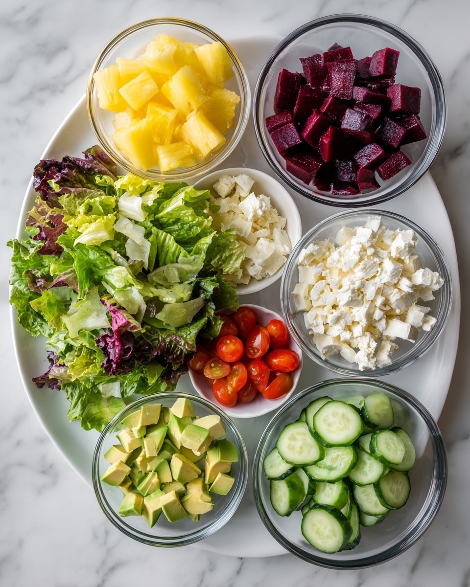 A large white plate at the center holds a loose pile of green and purple leafy lettuce with a fresh and slightly curly texture. Around the plate are six small clear glass bowls arranged in a circle on a white marbled surface. Starting from the top left, one bowl has small bright yellow pineapple chunks, next a bowl filled with deep purple diced beets in the middle, then on the top right a bowl contains halved shiny red cherry tomatoes. On the bottom row, from left to right, a bowl with cubed green avocado pieces, another with sliced cucumber sticks showing light and dark green hues, and lastly a bowl of soft white cheese crumbles. Photo taken with an iphone --ar 4:5 --v 7