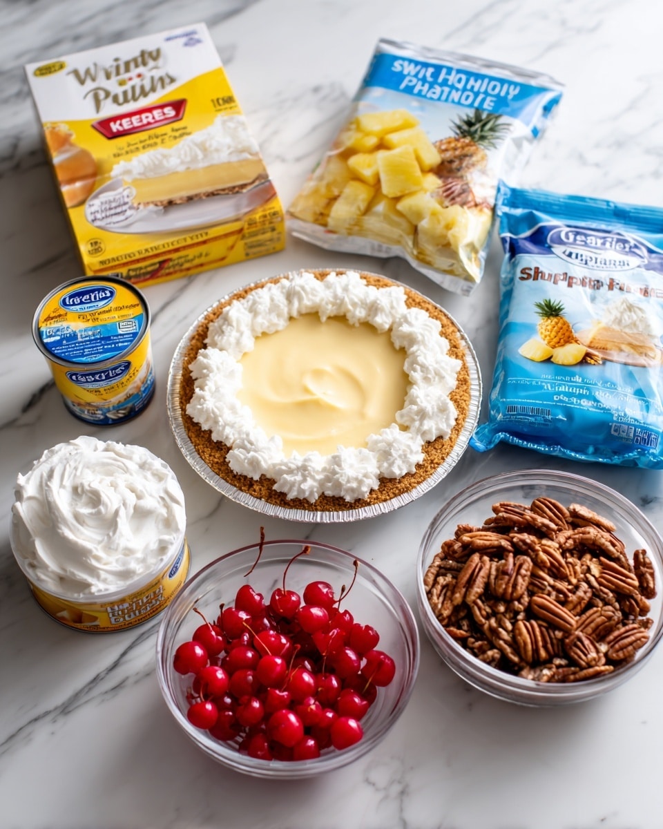 The image shows ingredients arranged on a white marbled surface, including a box of Great Value vanilla instant pudding and pie filling with a creamy yellow splash on the front, a Keebler Ready Crust graham pie crust in a round package showing a slice topped with whipped cream, a blue bag of Great Value sweetened coconut flakes displaying a halved coconut, a can of Sweet Harvest pineapple slices in 100% juice with a yellow label and pineapple image, a smaller can of Great Value crushed pineapple with a picture of crushed pineapple on the label, a white container of Great Value original sour cream with a red and blue label, a clear glass bowl of bright red cherries, and a clear glass bowl filled with pecans. The items are closely grouped with the round crust package standing in the back center. Photo taken with an iphone --ar 4:5 --v 7