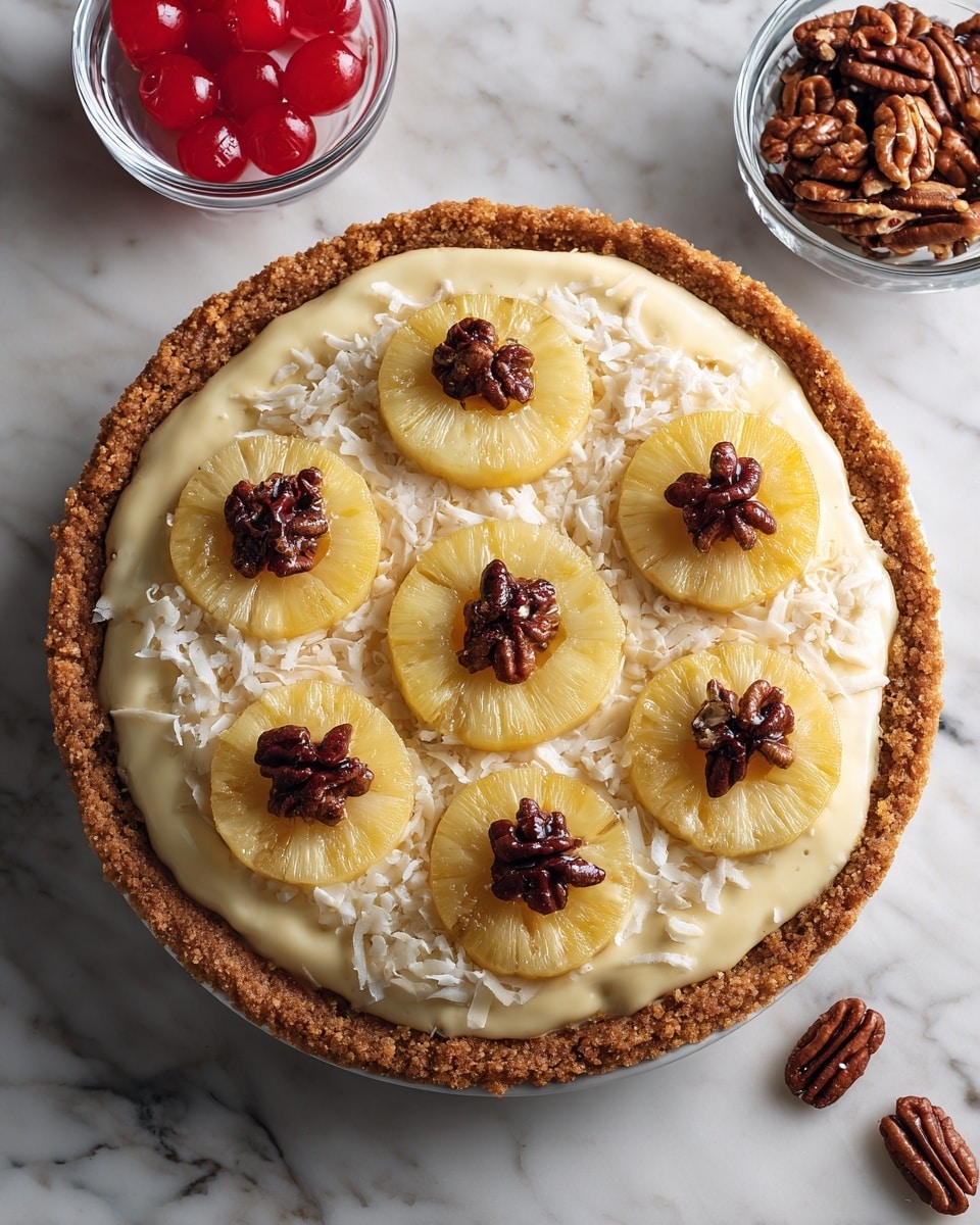 A pie with a golden crumb crust in a silver foil pan sits on a white marbled surface. The first layer is a creamy pale yellow filling topped with shredded white coconut. On top of the coconut layer are nine bright yellow pineapple rings evenly spaced around the pie. Each pineapple ring holds a small cluster of brown pecan halves in the center. Near the pie, there are two small clear bowls, one filled with more pecans and the other with shiny red cherries. Photo taken with an iphone --ar 4:5 --v 7