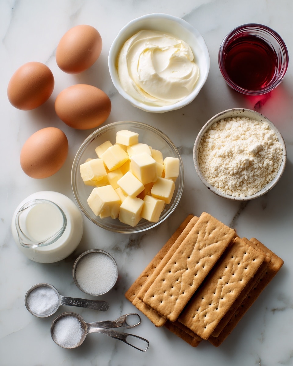 The image shows an arrangement of baking ingredients on a white marbled surface. There are three brown eggs placed near a small white bowl with a creamy white substance. Two stacks of light brown rectangular crackers are set side by side. A small glass bowl holds yellow butter cubes, while several measuring spoons contain white powder and granulated white sugar. There is a small glass of milk and a tiny bottle of red liquid (likely food coloring) nearby. The textures range from smooth creaminess of dairy to rough crackers, with rounded eggs adding natural color contrast. Photo taken with an iphone --ar 4:5 --v 7
