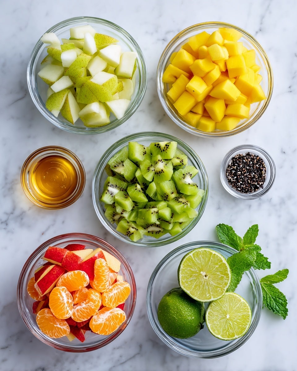 The image shows six clear glass bowls arranged on a white marbled surface, each filled with different chopped fruits and ingredients. In the top row, from right to left, there is a bowl with light green and pale yellow chopped pears, a small bowl with black seeds, and a small bowl with golden honey. In the middle row, a bowl of bright green sliced kiwis sits next to a bowl full of red apple cubes with some red skin. The bottom row features a large bowl of bright orange peeled mandarin segments beside two halves of a lime, a couple of fresh green mint leaves close by. The colors are bright and fresh, the bowls transparent and the background clean and smooth. Photo taken with an iphone --ar 4:5 --v 7