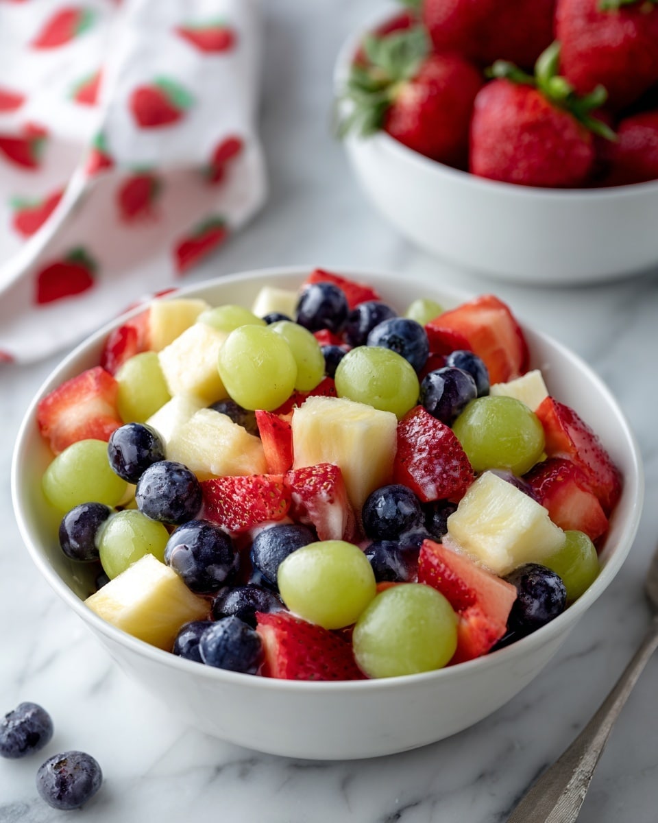 A white bowl filled with a creamy fruit salad sits on a white marbled surface. The salad has many colorful layers: green grapes, juicy blue blueberries, red strawberries with their seeds visible, and pale yellow chunks of pineapple or pear, all mixed well with white creamy dressing that lightly coats each fruit piece. The fruits look fresh and shiny, giving a fresh and sweet feeling. In the background, there is a white bowl with more red strawberries and a white cloth with red strawberry prints. Photo taken with an iphone --ar 4:5 --v 7