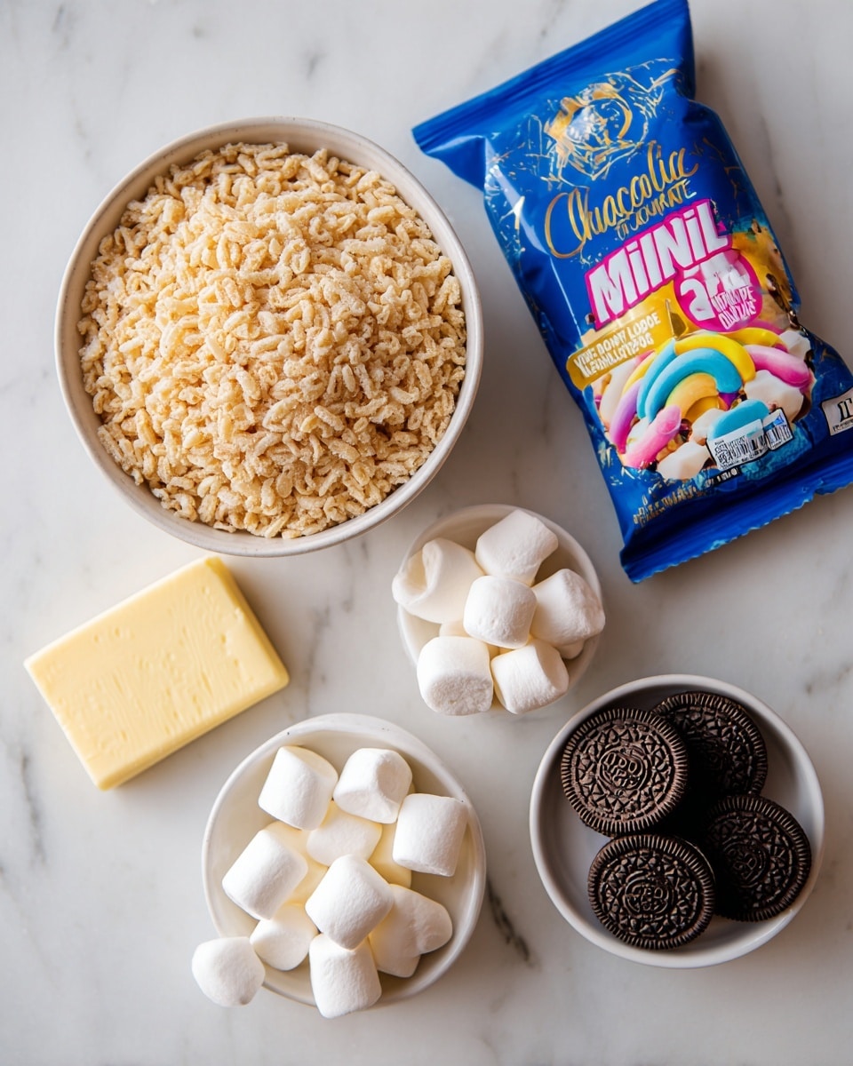 A top view of a white bowl filled with light brown crispy rice cereal, a stick of pale yellow butter resting beside it, a large blue package of vanilla white chocolate with gold and white text, a colorful bag of mini white marshmallows with a rainbow design, and a small white bowl holding several dark brown Oreo cookies. All items are placed on a white marbled surface. photo taken with an iphone --ar 4:5 --v 7