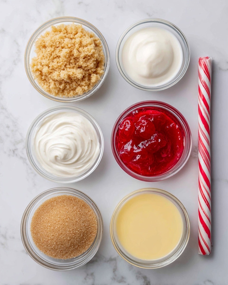 The image shows seven bowls and one wrapped stick arranged on a white marbled surface. There is a small clear glass bowl filled with crushed light brown crumbs on the bottom left. Next to it is a clear glass bowl with smooth white cream. Above the crumbs bowl is a glass bowl with white liquid. To the right of the liquid bowl is a white bowl with bright red cherry topping. Next to the cherry topping is a white bowl filled with smooth light yellow custard. On the far right is a wrapped light brown stick with red and white stripes. Below the custard is a glass bowl with packed light brown sugar. The items are all arranged neatly in two horizontal rows, photo taken with an iphone --ar 4:5 --v 7