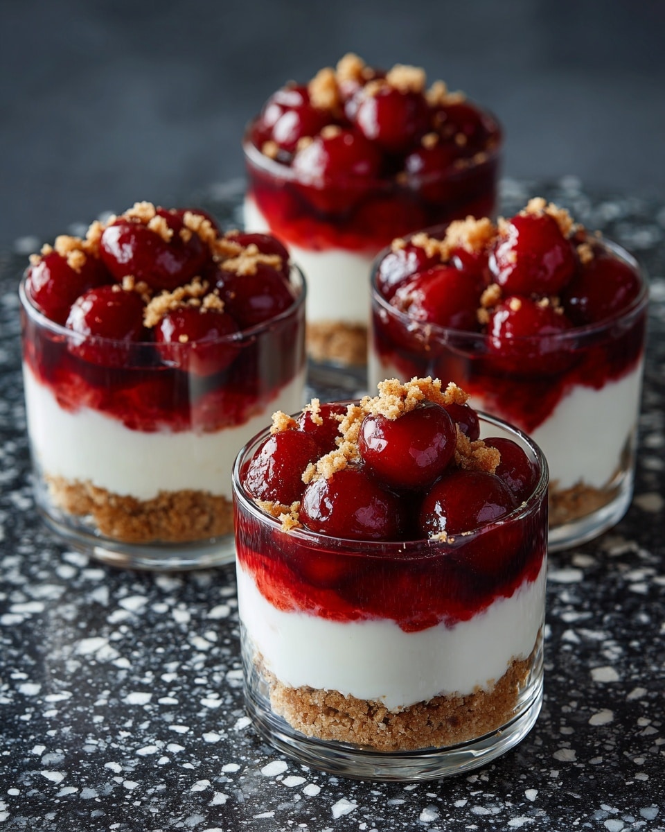 Four clear glass cups are filled with three layers: the bottom layer is light brown and crumbly like crushed cookies, the middle layer is smooth and white like cream, and the top layer is bright red with whole cherries in a shiny sauce. On top of the cherries, there is a sprinkling of more light brown crumbs. The cups are set on a black tray with tiny white specks. The photo is taken from above with a white marbled texture in the background. photo taken with an iphone --ar 4:5 --v 7