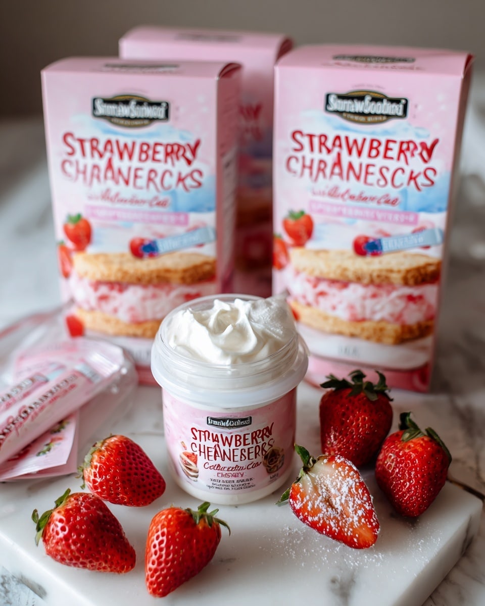 The image shows a white container of whipped topping at the center with a small jar of strawberry topping placed on top of it. In front of the container and jar, there are several fresh strawberries scattered on a white marbled surface. Behind these items, two pink boxes of strawberry cheesecake sandwich treats stand side by side, featuring a picture of the sandwich with light tan cookie layers and a pink strawberry cheesecake filling in between. The packaging also shows a small cartoon figure snowboarding among flakes and the text
