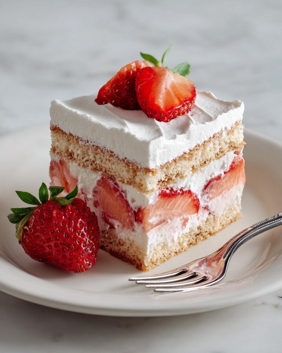 A square slice of layered strawberry dessert sits on a white plate with one whole strawberry beside it and a silver fork on the right edge. The dessert has four visible layers: the bottom and second layers are light beige cake, the middle and top layers are white whipped cream, and thin slices of red strawberries are between the cream and cake layers. The top layer is fully covered with smooth white cream and topped with a single half strawberry with visible texture. The background and surface are white marbled, and soft natural light highlights the fresh colors. Photo taken with an iphone --ar 4:5 --v 7