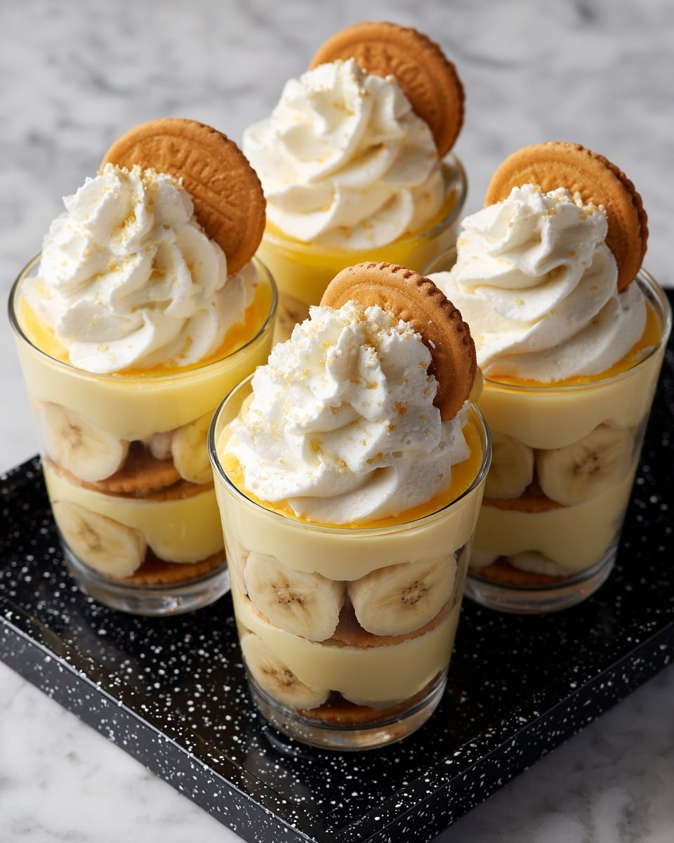 Four clear cups each hold a layered banana pudding dessert with three layers visible: at the bottom, sliced bananas and creamy light yellow pudding; in the middle, round light brown vanilla wafer cookies pressed against the sides with some white whipped cream peeking through; at the top, a smooth, thick pudding layer shaped evenly, topped with a swirl of white whipped cream, a single vanilla wafer cookie, and a banana slice placed leaning on the cookie. The cups are on a dark speckled tray with a white marbled surface in the background. photo taken with an iphone --ar 4:5 --v 7