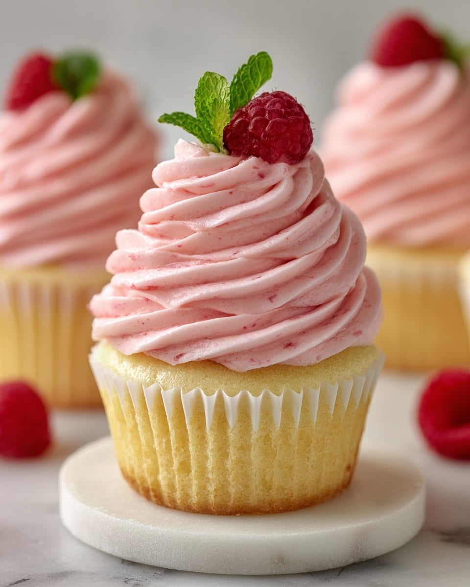 A single cupcake sits in the center with a light yellow sponge base wrapped in a white paper liner that peels outward. On top, there is a thick swirl of smooth, pink frosting with a slightly ruffled texture, forming multiple layers that twist upward. The frosting is topped with a fresh red raspberry and two small green leaves for decoration. In the blurry background, other similar cupcakes with the same frosting and sponge are visible on a white marbled surface. Photo taken with an iphone --ar 4:5 --v 7
