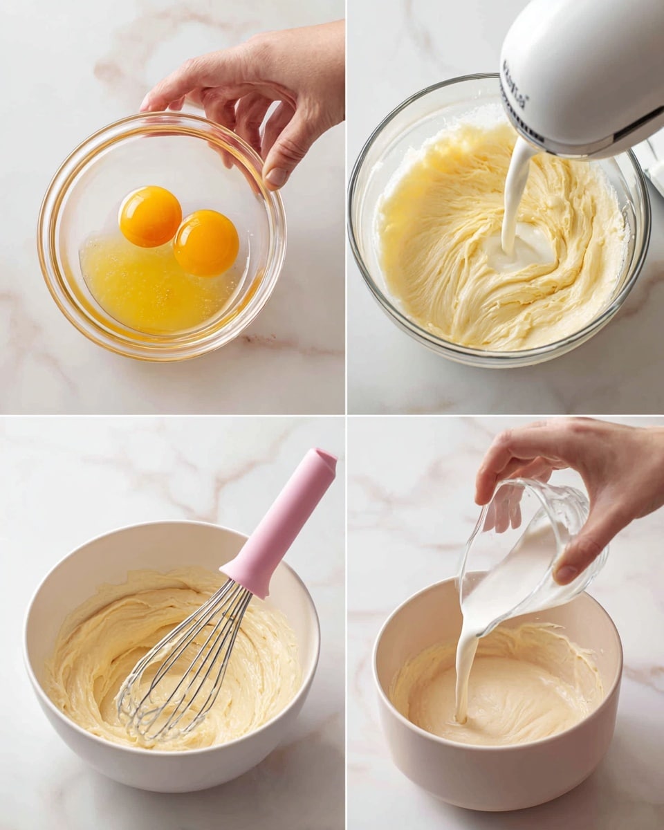 A collage of four images showing the making of batter in a white bowl on a white marbled surface: top left shows a woman's hand pouring two raw egg yolks from a small clear glass bowl into a thick, pale yellow mixture being mixed with a white electric hand mixer; top right shows milk being poured from a clear bowl into the same pale yellow mixture with the electric hand mixer in motion; bottom left shows a creamy light beige batter being stirred with a pink spatula by a woman's hand; bottom right shows a woman's hand pouring a clear liquid from a small bowl into the creamy batter. Photo taken with an iphone --ar 4:5 --v 7