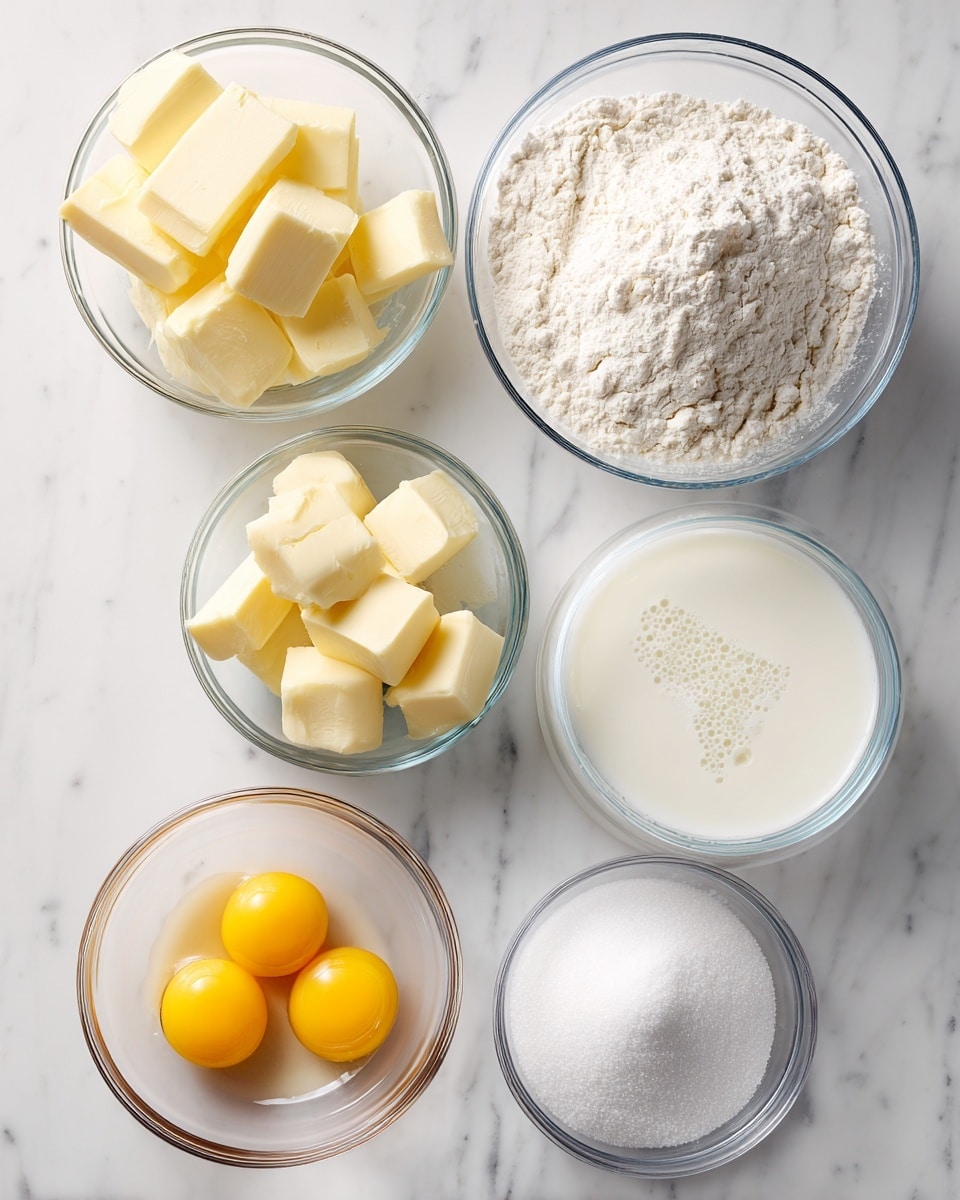 The image shows six clear glass bowls with baking ingredients on a white marbled surface. The top right bowl is filled with a mixture of white flour, salt, and baking powder with visible powdery textures. The middle left bowl contains thick, pale yellow butter cut into rectangular blocks. Below it is a bowl with two raw eggs, showing bright yellow yolks amidst clear egg whites. In the middle right is a bowl full of white milk with a few bubbles on the surface. The bottom right bowl holds fine white sugar, smooth and even in texture. The bowls are placed in an orderly arrangement with clear labels near each bowl, all set against a clean white marbled background. Photo taken with an iphone --ar 4:5 --v 7