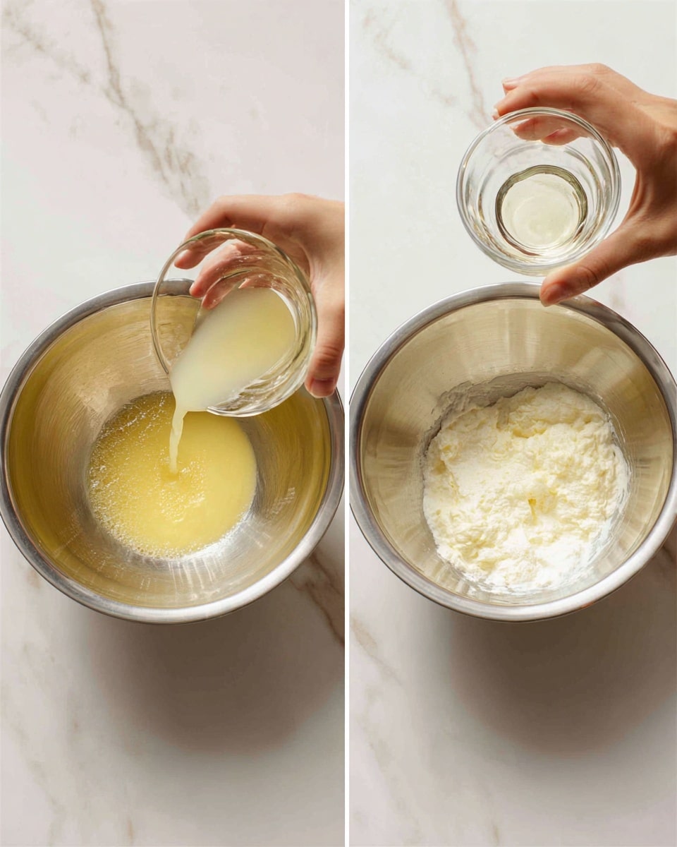 Two close-up images side by side show the process of mixing egg whites in a silver mixing bowl on a white marbled surface. The left image shows a clear yellowish liquid (egg whites) being poured from a small transparent glass bowl into the larger silver bowl, held by a woman's hand. The right image shows the egg whites in the silver bowl foamy and whipped, with a woman's hand holding a small transparent glass cup containing a clear liquid above the foam. Photo taken with an iphone --ar 4:5 --v 7