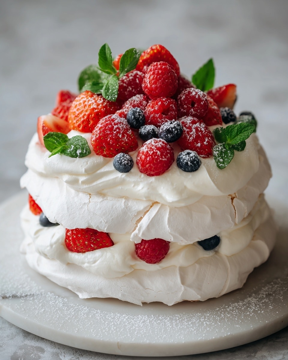 A pavlova dessert sits on a white marbled surface, showing three main layers: the bottom layer is a thick, white, fluffy meringue base with soft peaks and a slightly cracked texture; the middle layer is a smooth, creamy white whipped topping spread over the meringue; the top layer is packed with fresh red strawberries, bright red raspberries, and a few dark blue blueberries scattered among light green mint leaves, all lightly dusted with powdered sugar, giving a soft, frosted look. Photo taken with an iphone --ar 4:5 --v 7