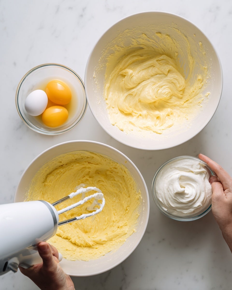 The image shows two white mixing bowls on a white marbled surface. In the left part, a bowl has a creamy yellow mixture being whipped with a white hand mixer, while a woman's hand is pouring three whole eggs in a glass bowl into the mixture. On the right part, the same white bowl is filled with a thick yellow batter being mixed by the hand mixer, and a woman's hand holds a glass bowl with soft white cream ready to be added. The scene is bright and clean, showing the steps of mixing ingredients for a batter. photo taken with an iphone --ar 4:5 --v 7